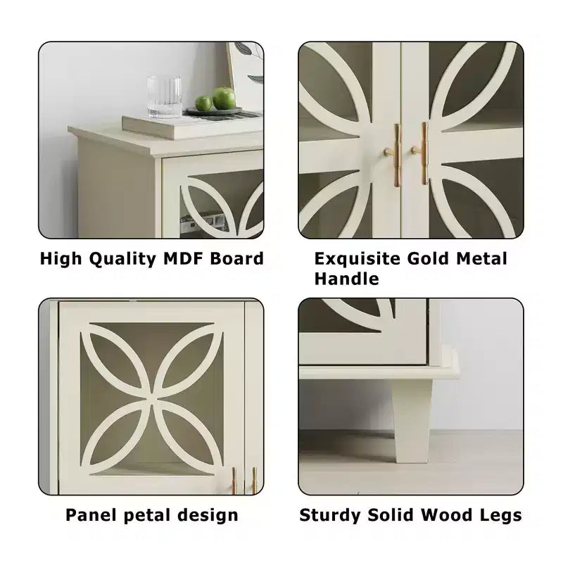 JVNOXK Modern Vintage Sideboard Double-Door Storage Cabinet, Freestanding Bathroom Vanity with Tempered Glass Doors, Cream