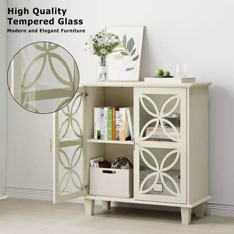 JVNOXK Modern Vintage Sideboard Double-Door Storage Cabinet, Freestanding Bathroom Vanity with Tempered Glass Doors, Cream