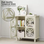 JVNOXK Modern Vintage Sideboard Double-Door Storage Cabinet, Freestanding Bathroom Vanity with Tempered Glass Doors, Cream