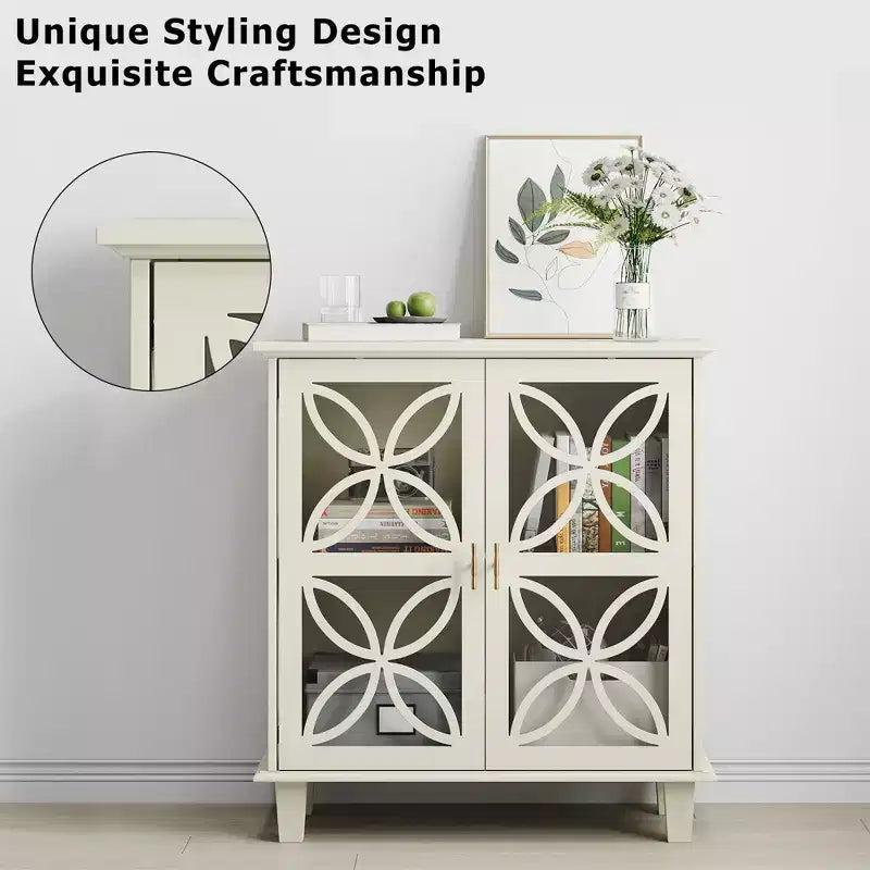 JVNOXK Modern Vintage Sideboard Double-Door Storage Cabinet, Freestanding Bathroom Vanity with Tempered Glass Doors, Cream