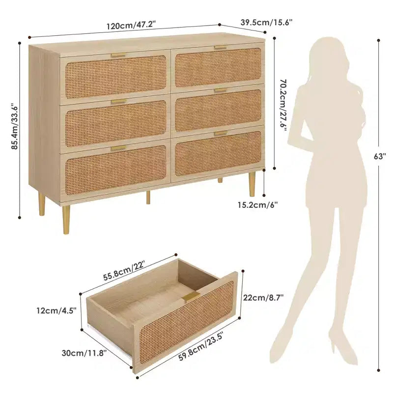 6-Drawer Rattan Dresser, Extra Deep Storage - Versatile Large Double Dresser for Bedroom, Living Room, Hallway, Kids Room & Closet Organization