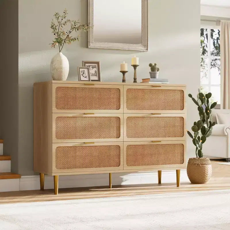 6-Drawer Rattan Dresser, Extra Deep Storage - Versatile Large Double Dresser for Bedroom, Living Room, Hallway, Kids Room & Closet Organization