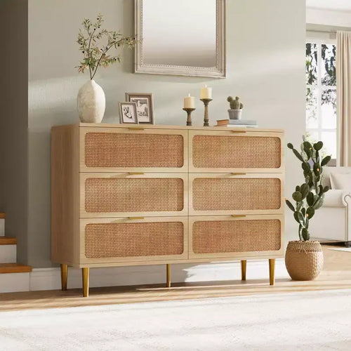6-Drawer Rattan Dresser, Extra Deep Storage - Versatile Large Double Dresser for Bedroom, Living Room, Hallway, Kids Room & Closet Organization