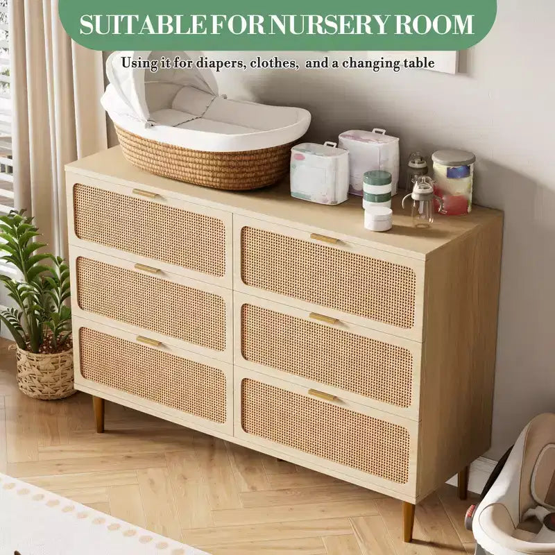 6-Drawer Rattan Dresser, Extra Deep Storage - Versatile Large Double Dresser for Bedroom, Living Room, Hallway, Kids Room & Closet Organization