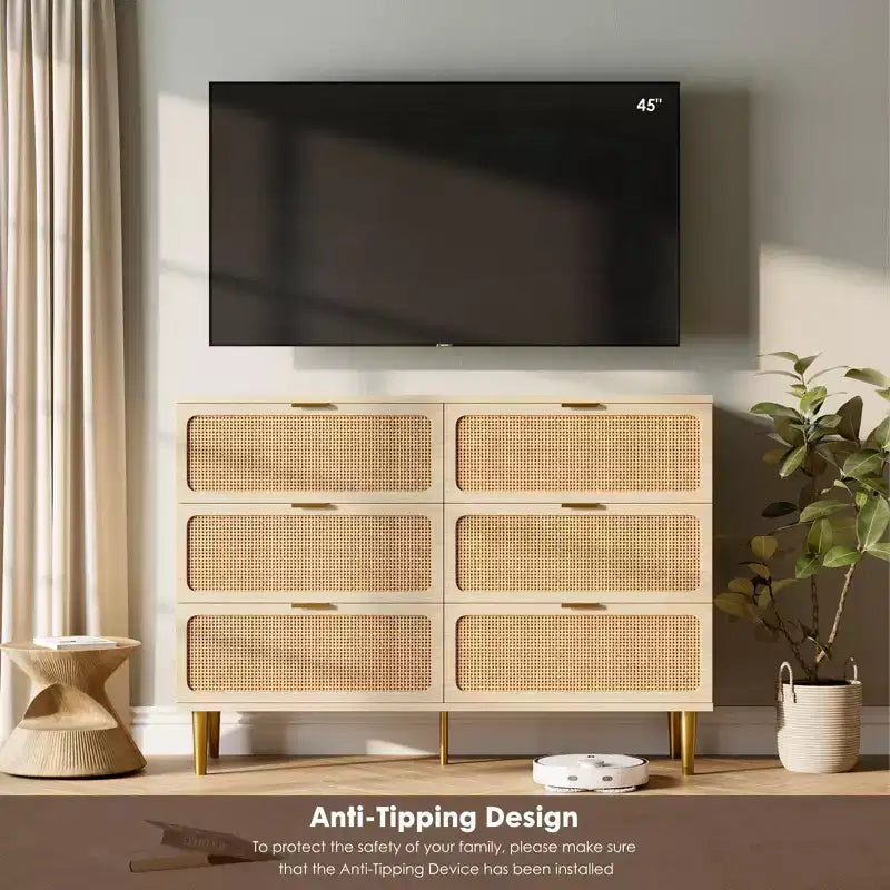 6-Drawer Rattan Dresser, Extra Deep Storage - Versatile Large Double Dresser for Bedroom, Living Room, Hallway, Kids Room & Closet Organization