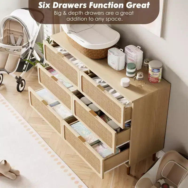 6-Drawer Rattan Dresser, Extra Deep Storage - Versatile Large Double Dresser for Bedroom, Living Room, Hallway, Kids Room & Closet Organization