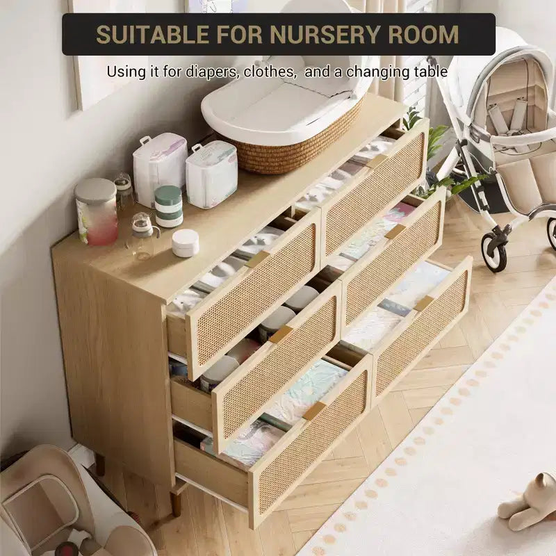 6-Drawer Rattan Dresser, Extra Deep Storage - Versatile Large Double Dresser for Bedroom, Living Room, Hallway, Kids Room & Closet Organization