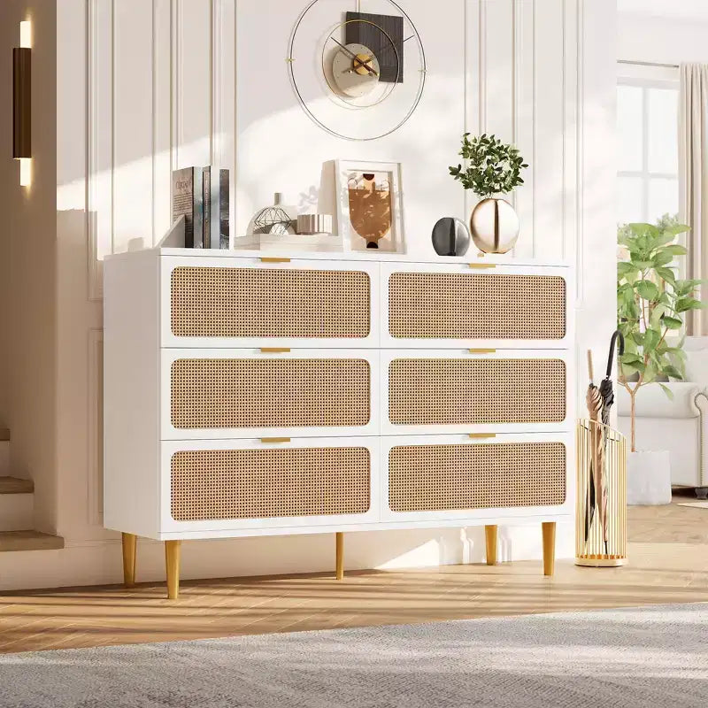 6-Drawer Rattan Dresser, Extra Deep Storage - Versatile Large Double Dresser for Bedroom, Living Room, Hallway, Kids Room & Closet Organization