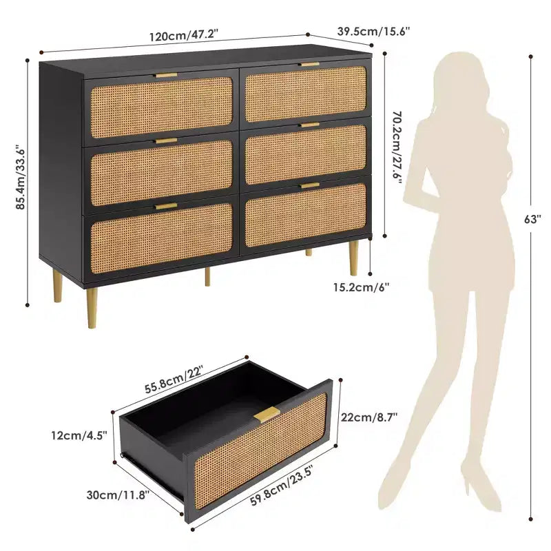 6-Drawer Rattan Dresser, Extra Deep Storage - Versatile Large Double Dresser for Bedroom, Living Room, Hallway, Kids Room & Closet Organization