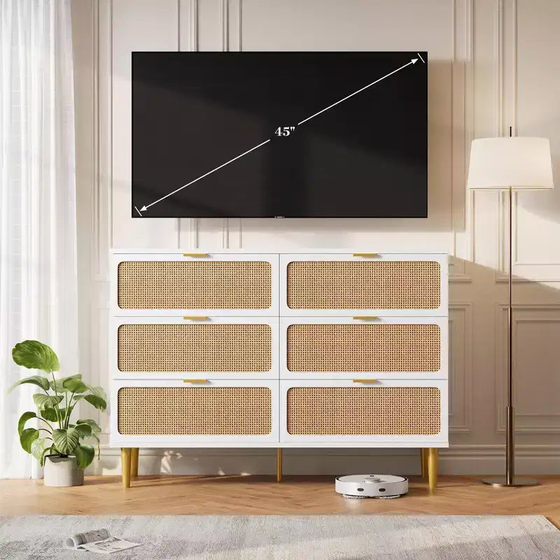 6-Drawer Rattan Dresser, Extra Deep Storage - Versatile Large Double Dresser for Bedroom, Living Room, Hallway, Kids Room & Closet Organization