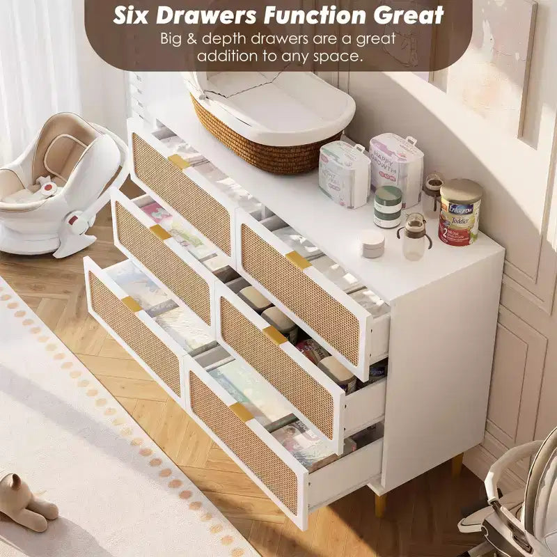 6-Drawer Rattan Dresser, Extra Deep Storage - Versatile Large Double Dresser for Bedroom, Living Room, Hallway, Kids Room & Closet Organization