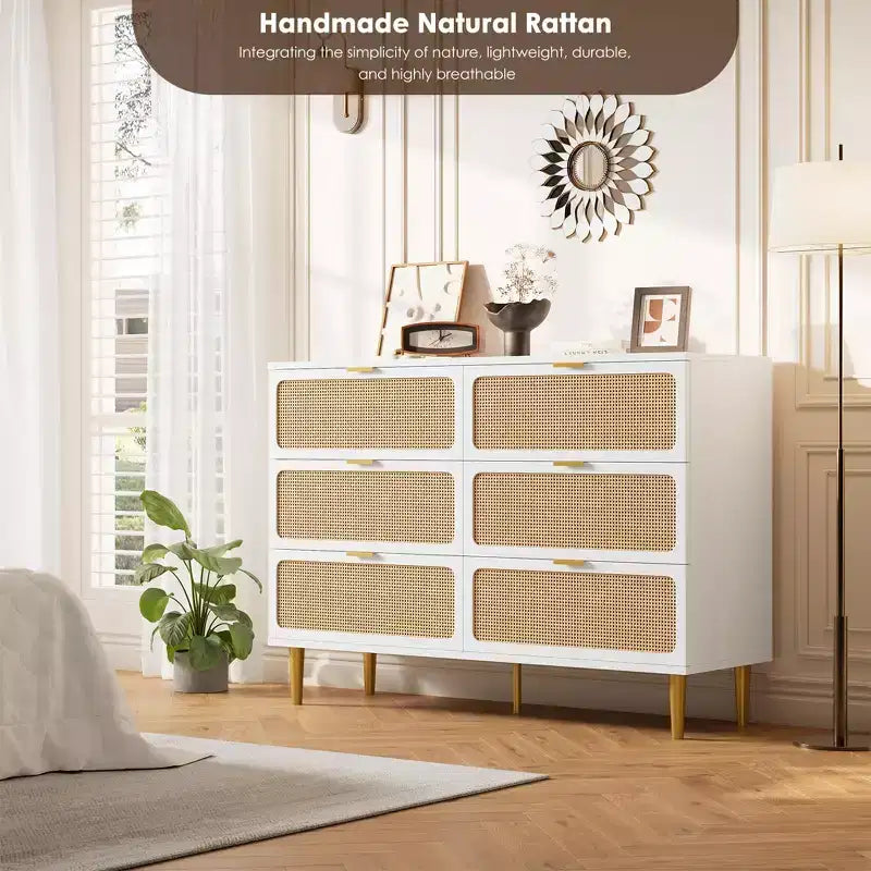 6-Drawer Rattan Dresser, Extra Deep Storage - Versatile Large Double Dresser for Bedroom, Living Room, Hallway, Kids Room & Closet Organization