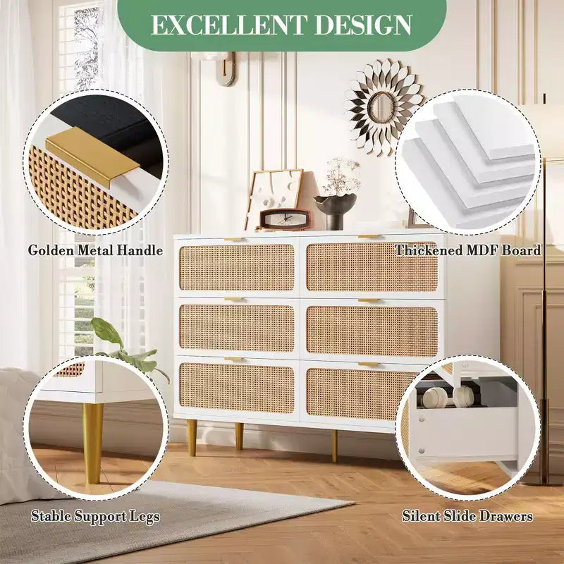 6-Drawer Rattan Dresser, Extra Deep Storage - Versatile Large Double Dresser for Bedroom, Living Room, Hallway, Kids Room & Closet Organization