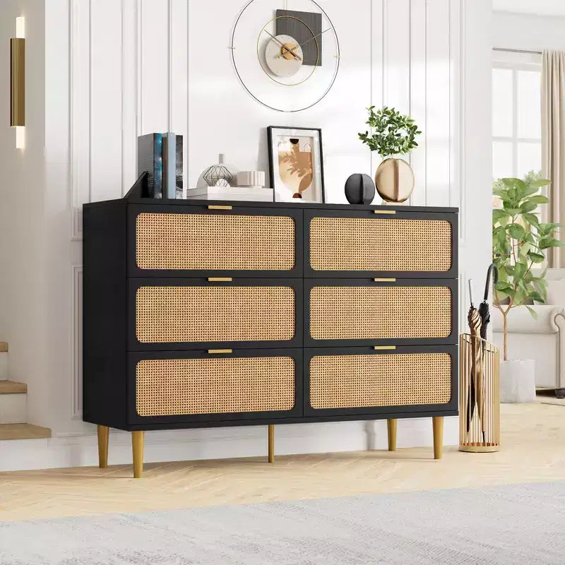 6-Drawer Rattan Dresser, Extra Deep Storage - Versatile Large Double Dresser for Bedroom, Living Room, Hallway, Kids Room & Closet Organization