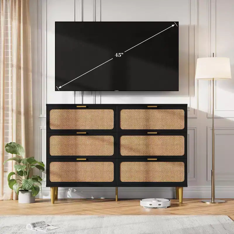 6-Drawer Rattan Dresser, Extra Deep Storage - Versatile Large Double Dresser for Bedroom, Living Room, Hallway, Kids Room & Closet Organization