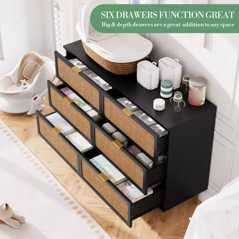6-Drawer Rattan Dresser, Extra Deep Storage - Versatile Large Double Dresser for Bedroom, Living Room, Hallway, Kids Room & Closet Organization