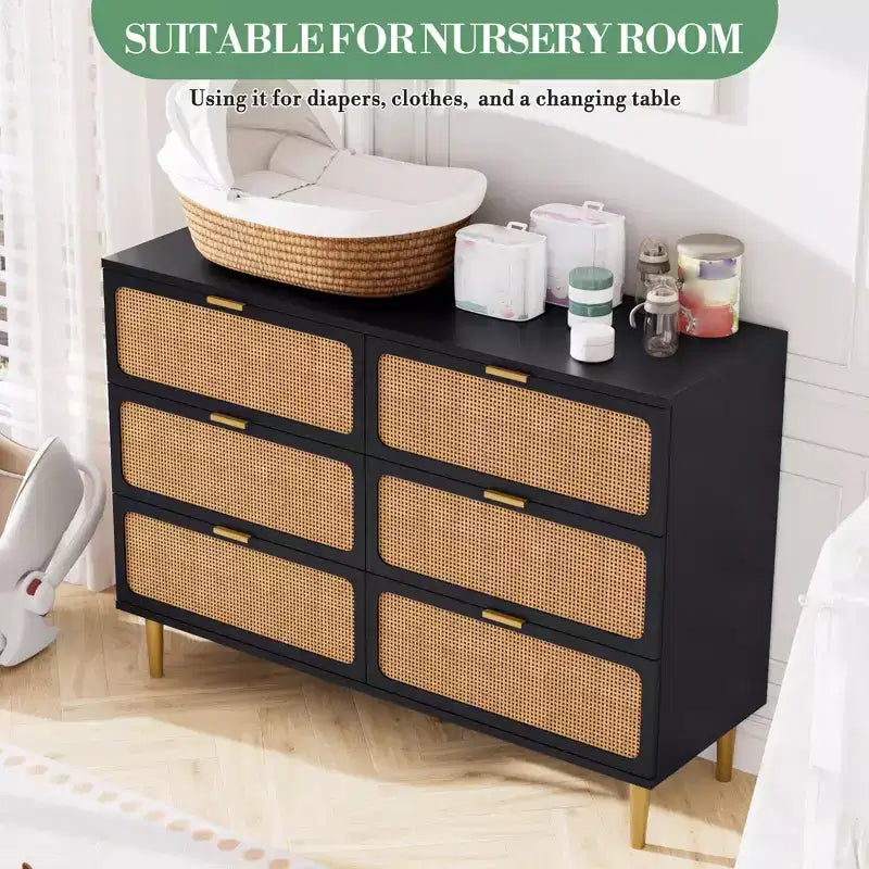 6-Drawer Rattan Dresser, Extra Deep Storage - Versatile Large Double Dresser for Bedroom, Living Room, Hallway, Kids Room & Closet Organization