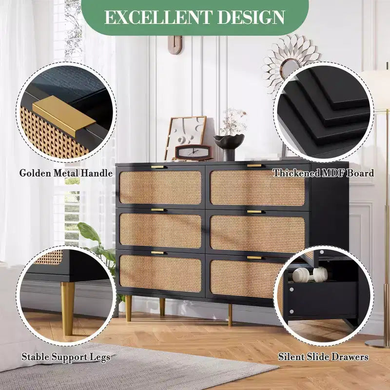 6-Drawer Rattan Dresser, Extra Deep Storage - Versatile Large Double Dresser for Bedroom, Living Room, Hallway, Kids Room & Closet Organization