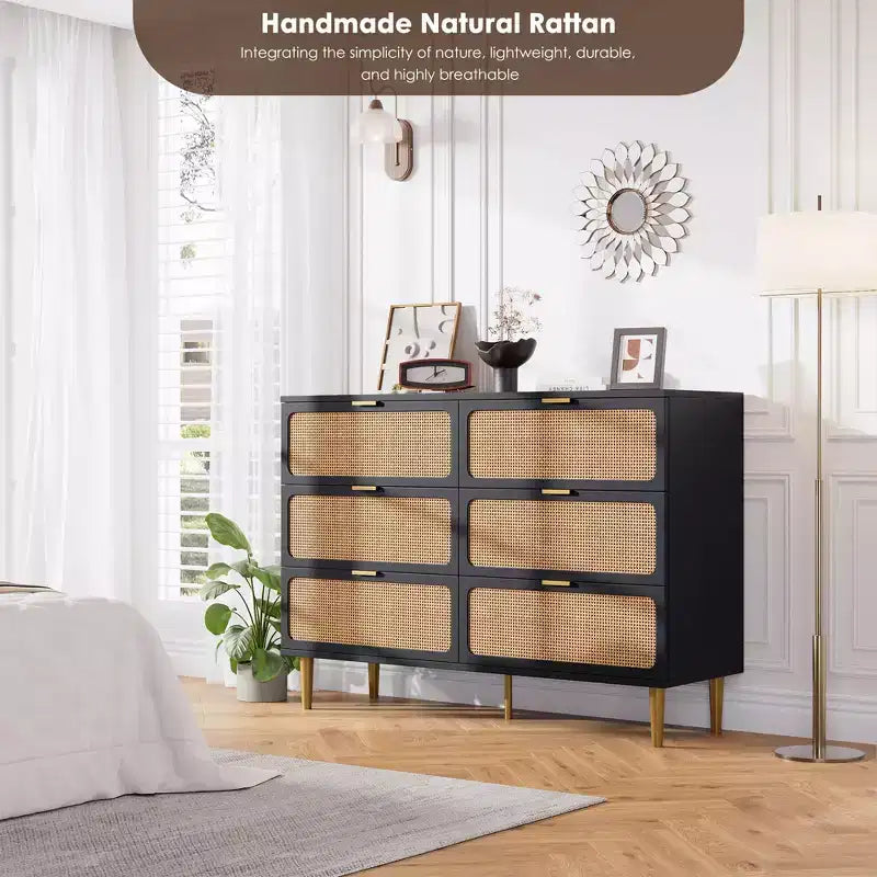 6-Drawer Rattan Dresser, Extra Deep Storage - Versatile Large Double Dresser for Bedroom, Living Room, Hallway, Kids Room & Closet Organization
