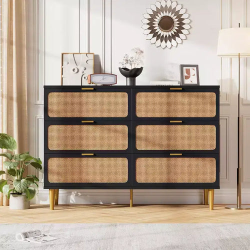 6-Drawer Rattan Dresser, Extra Deep Storage - Versatile Large Double Dresser for Bedroom, Living Room, Hallway, Kids Room & Closet Organization