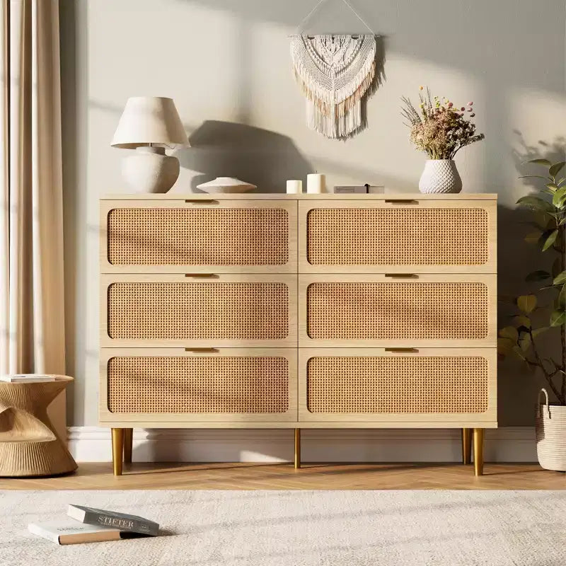 6-Drawer Rattan Dresser, Extra Deep Storage - Versatile Large Double Dresser for Bedroom, Living Room, Hallway, Kids Room & Closet Organization