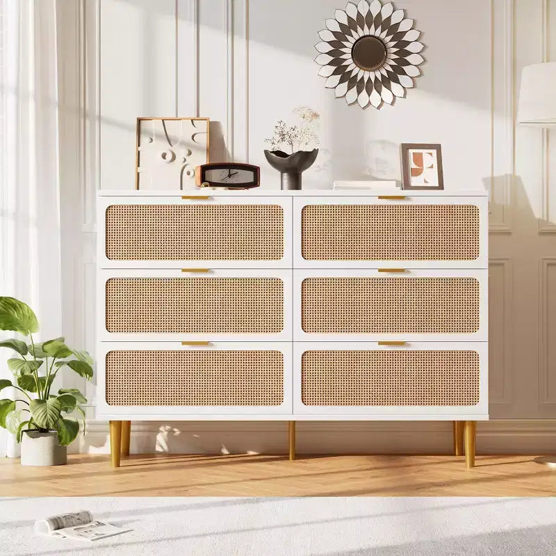 6-Drawer Rattan Dresser, Extra Deep Storage - Versatile Large Double Dresser for Bedroom, Living Room, Hallway, Kids Room & Closet Organization