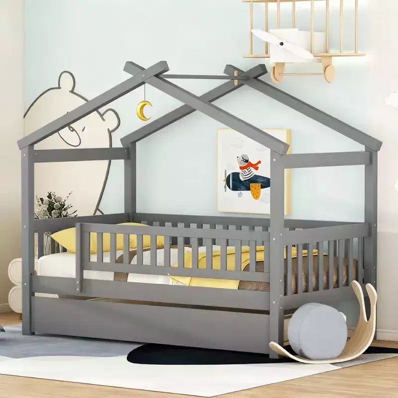 Luxystar Twin Size Kids House Bed with Twin Size Trundle and Pull Out Bed