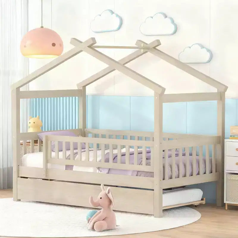 Luxystar Twin Size Kids House Bed with Twin Size Trundle and Pull Out Bed