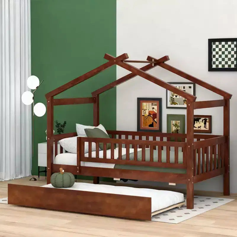 Luxystar Twin Size Kids House Bed with Twin Size Trundle and Pull Out Bed