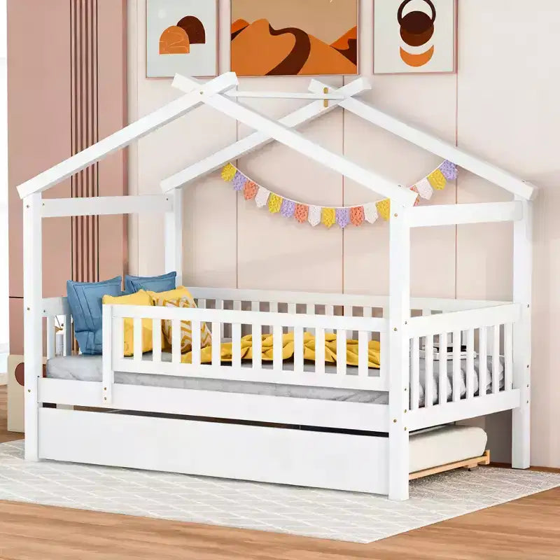 Luxystar Twin Size Kids House Bed with Twin Size Trundle and Pull Out Bed