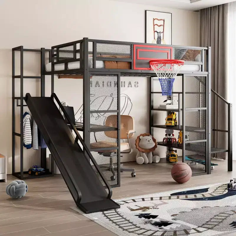 Bellemave Full Size Metal Loft bed with Built-in Desk, Open Wardrobe, Basketball hoop, Slide and Staircase, Black
