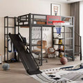 Bellemave Full Size Metal Loft bed with Built-in Desk, Open Wardrobe, Basketball hoop, Slide and Staircase, Black