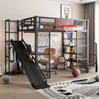 Bellemave Full Size Metal Loft bed with Built-in Desk, Open Wardrobe, Basketball hoop, Slide and Staircase, Black