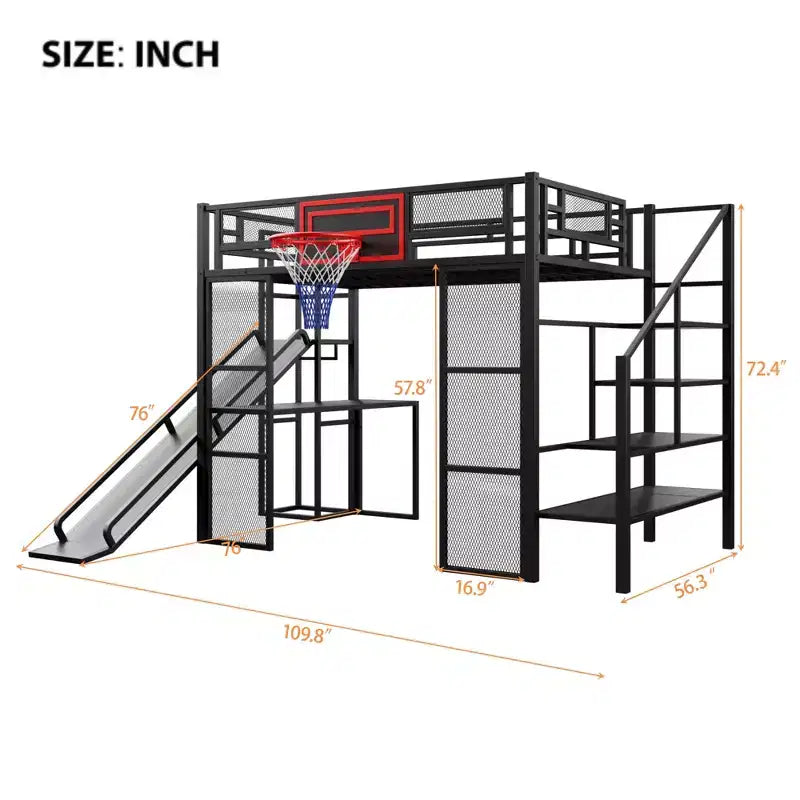 Bellemave Full Size Metal Loft bed with Built-in Desk, Open Wardrobe, Basketball hoop, Slide and Staircase, Black