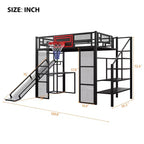 Bellemave Full Size Metal Loft bed with Built-in Desk, Open Wardrobe, Basketball hoop, Slide and Staircase, Black