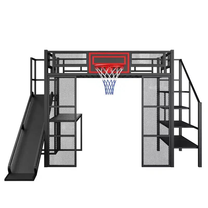 Bellemave Full Size Metal Loft bed with Built-in Desk, Open Wardrobe, Basketball hoop, Slide and Staircase, Black
