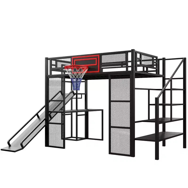 Bellemave Full Size Metal Loft bed with Built-in Desk, Open Wardrobe, Basketball hoop, Slide and Staircase, Black