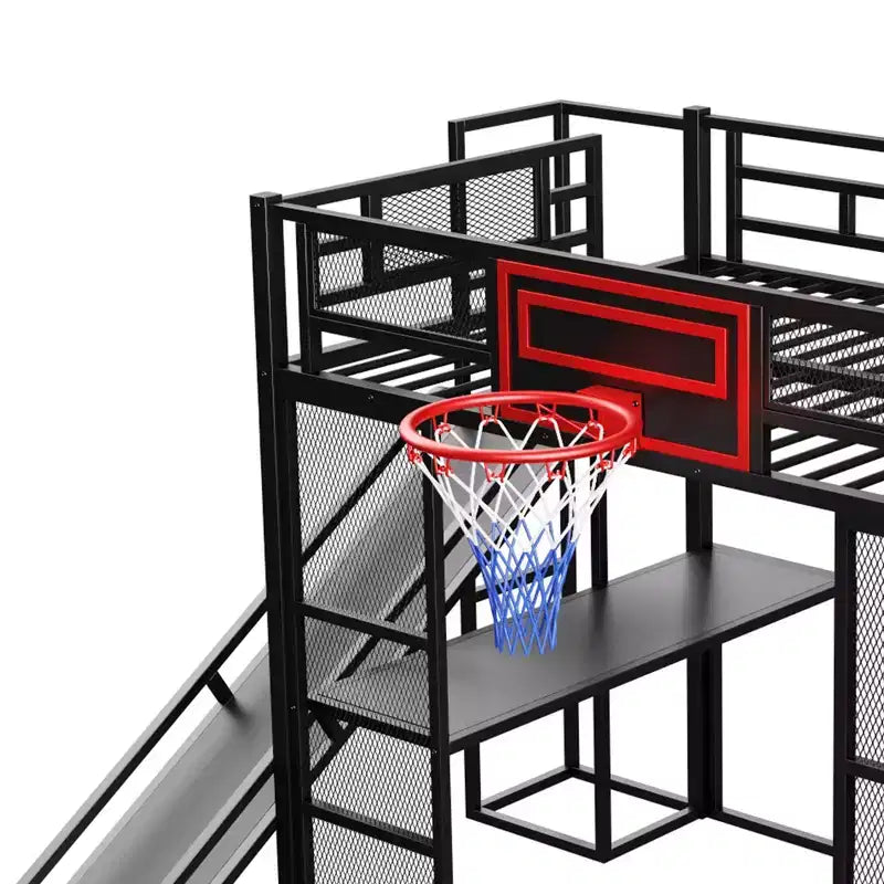 Bellemave Full Size Metal Loft bed with Built-in Desk, Open Wardrobe, Basketball hoop, Slide and Staircase, Black
