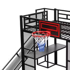 Bellemave Full Size Metal Loft bed with Built-in Desk, Open Wardrobe, Basketball hoop, Slide and Staircase, Black