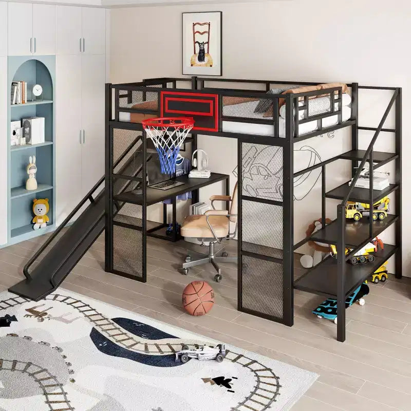 Bellemave Full Size Metal Loft bed with Built-in Desk, Open Wardrobe, Basketball hoop, Slide and Staircase, Black