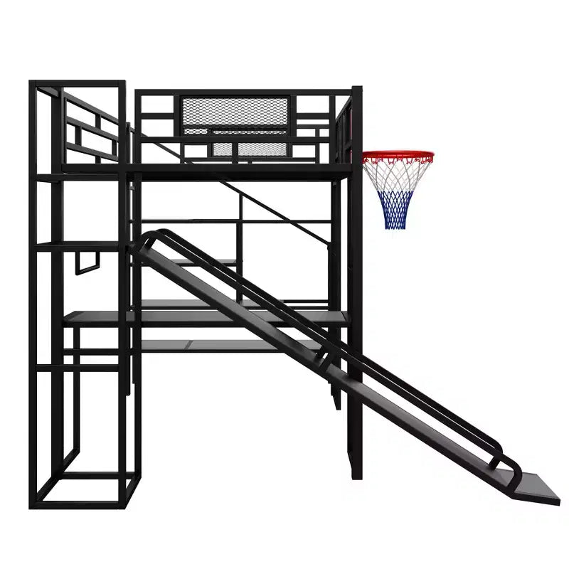 Bellemave Full Size Metal Loft bed with Built-in Desk, Open Wardrobe, Basketball hoop, Slide and Staircase, Black