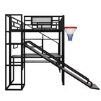 Bellemave Full Size Metal Loft bed with Built-in Desk, Open Wardrobe, Basketball hoop, Slide and Staircase, Black