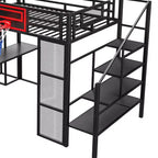 Bellemave Full Size Metal Loft bed with Built-in Desk, Open Wardrobe, Basketball hoop, Slide and Staircase, Black