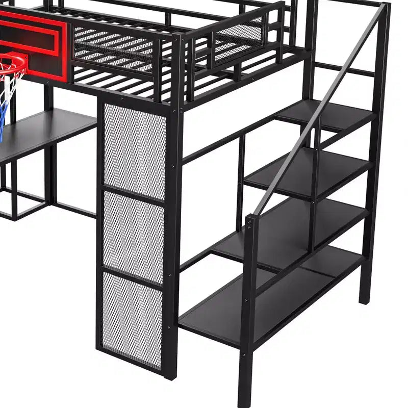 Bellemave Full Size Metal Loft bed with Built-in Desk, Open Wardrobe, Basketball hoop, Slide and Staircase, Black