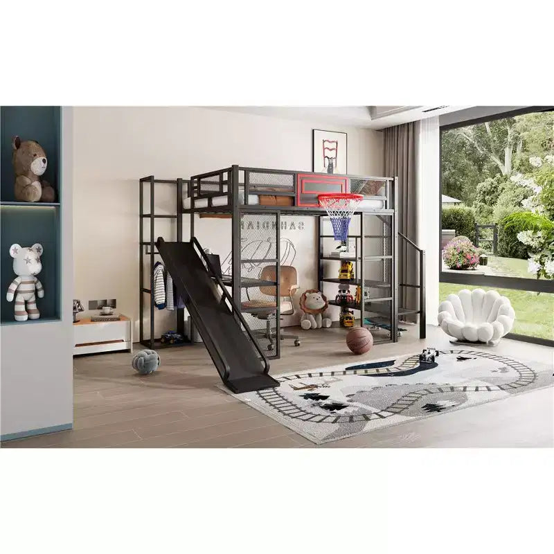 Bellemave Full Size Metal Loft bed with Built-in Desk, Open Wardrobe, Basketball hoop, Slide and Staircase, Black