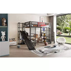 Bellemave Full Size Metal Loft bed with Built-in Desk, Open Wardrobe, Basketball hoop, Slide and Staircase, Black