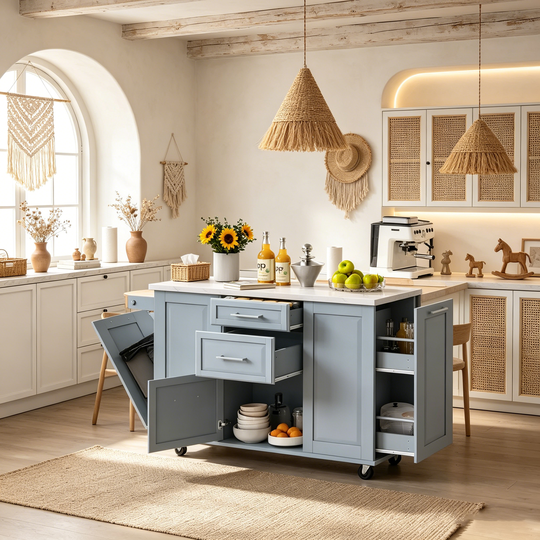 Kitchen Island with Tilt Trash Can Cabinet, Kitchen Cart with Pull Out Cabinet Organizer