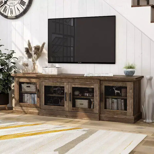 Sartell 4 Door TV Stand for TVs up to 75" Reclaimed Oak - HOMES: Inside + Out: Farmhouse Style, Adjustable Shelves, Mesh Doors