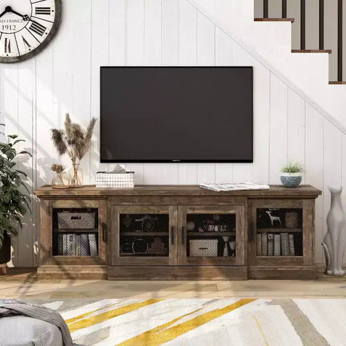 Sartell 4 Door TV Stand for TVs up to 75" Reclaimed Oak - HOMES: Inside + Out: Farmhouse Style, Adjustable Shelves, Mesh Doors