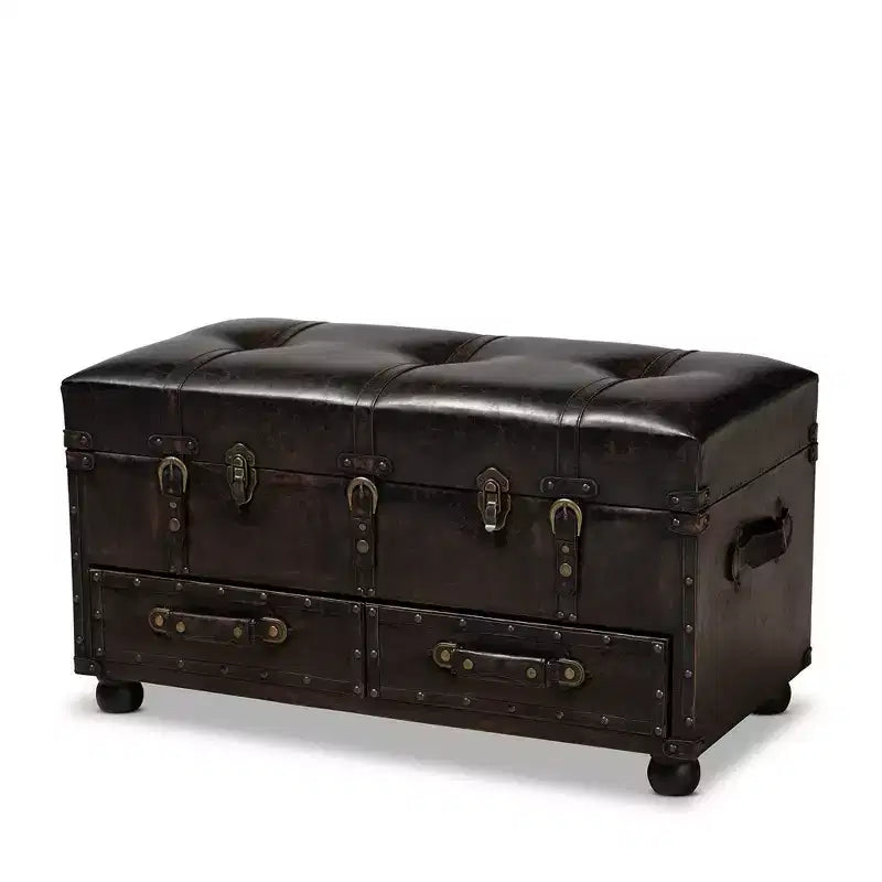 Callum Distressed Faux Leather Storage Ottoman with Lift-Up Lid & Drawers - Baxton Studio